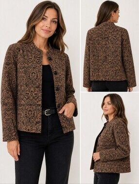 Nomadic Traders Tapestry Jacket Brown Black Damask Button Front Boho Size L